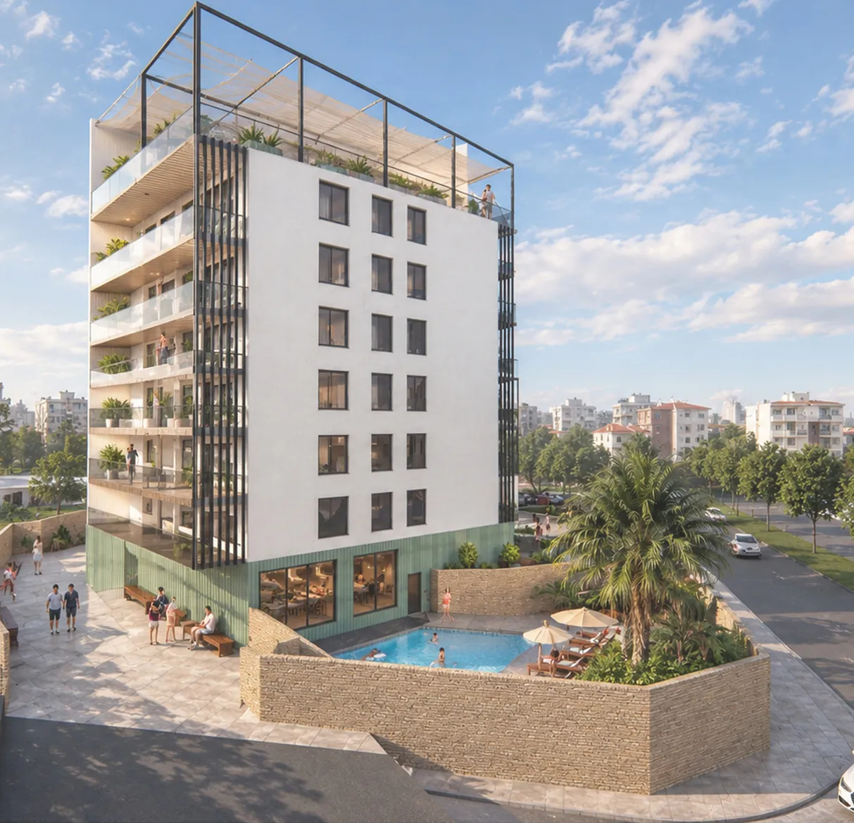 Havuz terası ve palmiye ile yapının köşe görünüşü